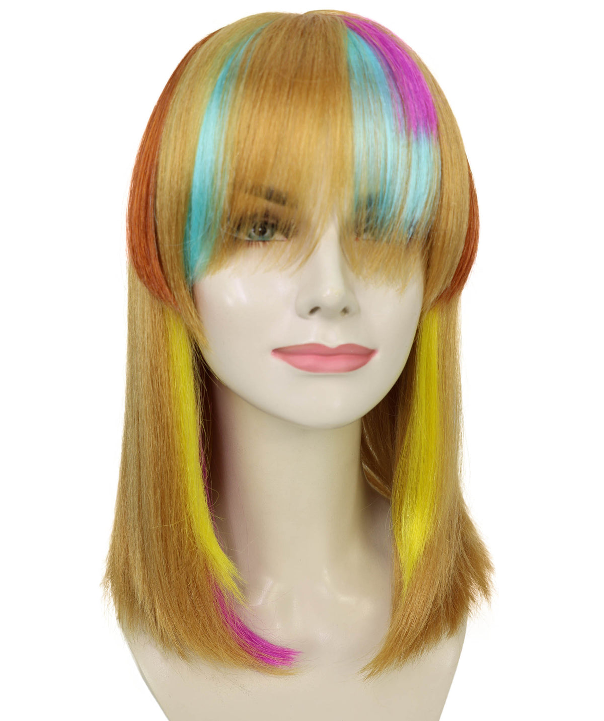 Wigs2you H-7221 女性用鮮やかなレインボーフリンジウィッグ｜カラフルなメッシュ入りボブスタイル｜通気性の良いキャップレスキャップ