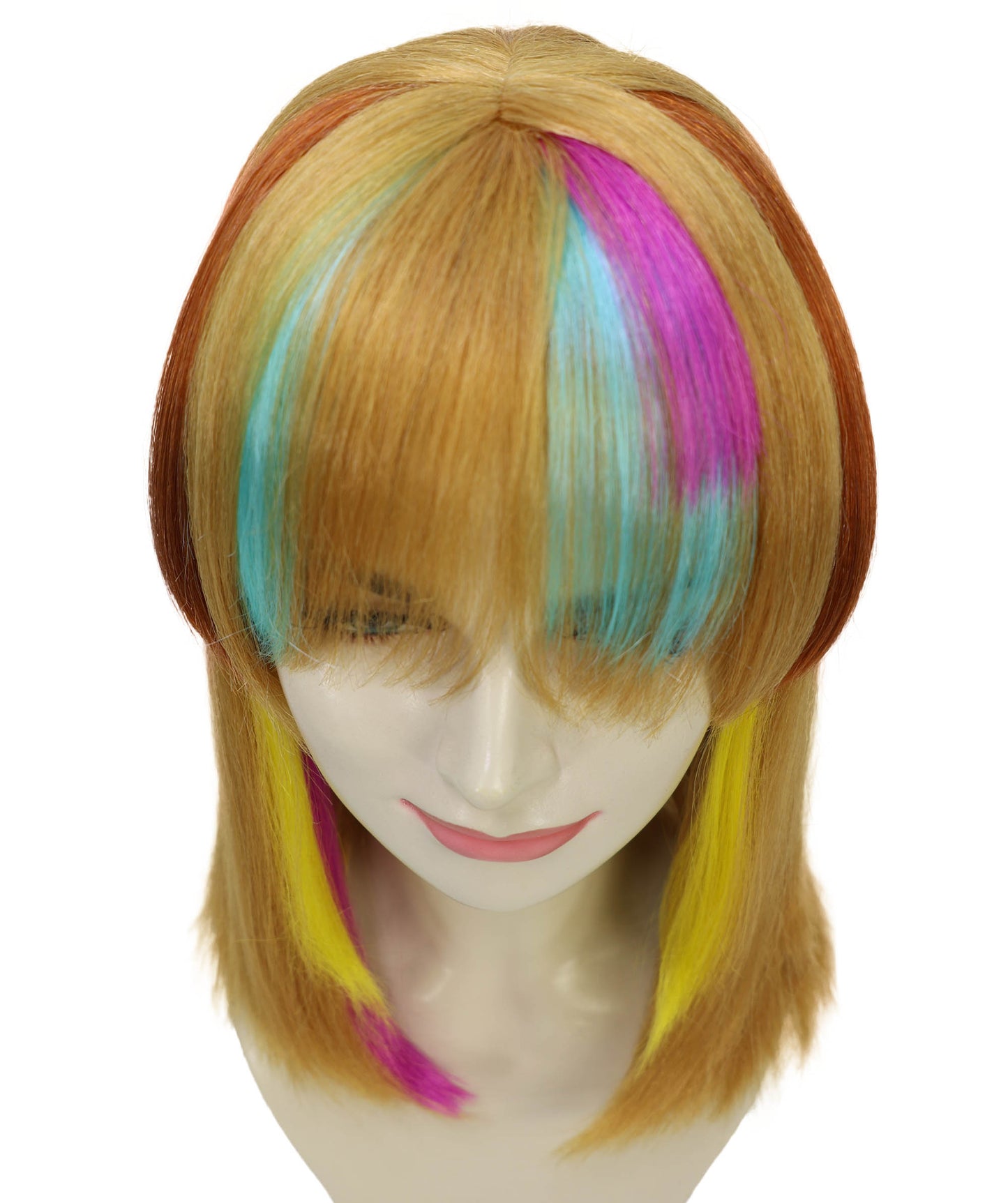 Wigs2you H-7221 女性用鮮やかなレインボーフリンジウィッグ｜カラフルなメッシュ入りボブスタイル｜通気性の良いキャップレスキャップ
