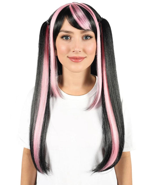 Wigs2you H-7223 女性用ロリータ風グラデーションウィッグ、ロング、ブラックとピンクのツインテールスタイル、前髪付き｜ハロウィンに最適｜通気性の良いキャップレスキャップ