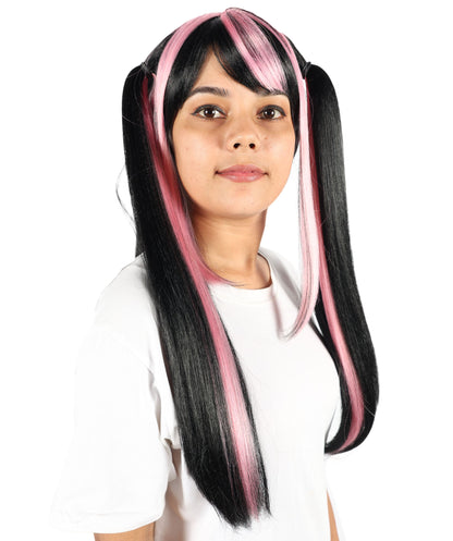 Wigs2you H-7223 女性用ロリータ風グラデーションウィッグ、ロング、ブラックとピンクのツインテールスタイル、前髪付き｜ハロウィンに最適｜通気性の良いキャップレスキャップ