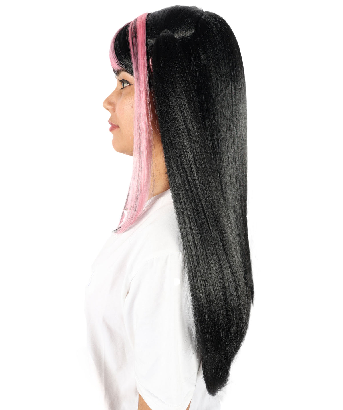 Wigs2you H-7223 女性用ロリータ風グラデーションウィッグ、ロング、ブラックとピンクのツインテールスタイル、前髪付き｜ハロウィンに最適｜通気性の良いキャップレスキャップ