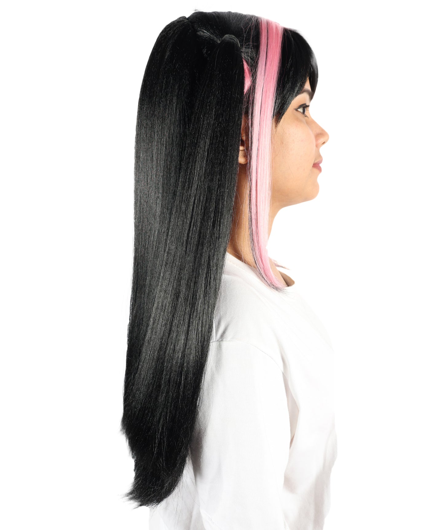 Wigs2you H-7223 女性用ロリータ風グラデーションウィッグ、ロング、ブラックとピンクのツインテールスタイル、前髪付き｜ハロウィンに最適｜通気性の良いキャップレスキャップ