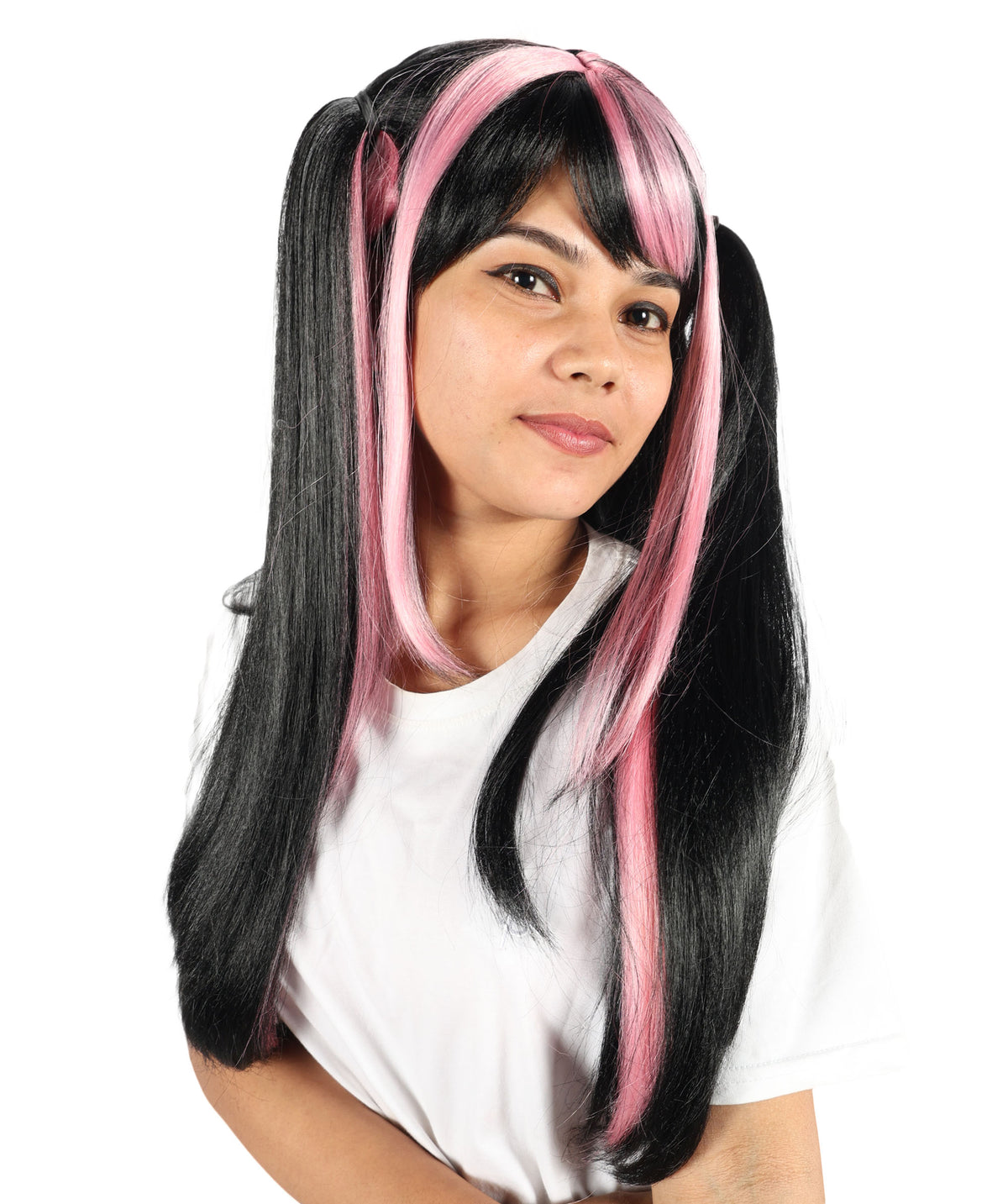 Wigs2you H-7223 女性用ロリータ風グラデーションウィッグ、ロング、ブラックとピンクのツインテールスタイル、前髪付き｜ハロウィンに最適｜通気性の良いキャップレスキャップ