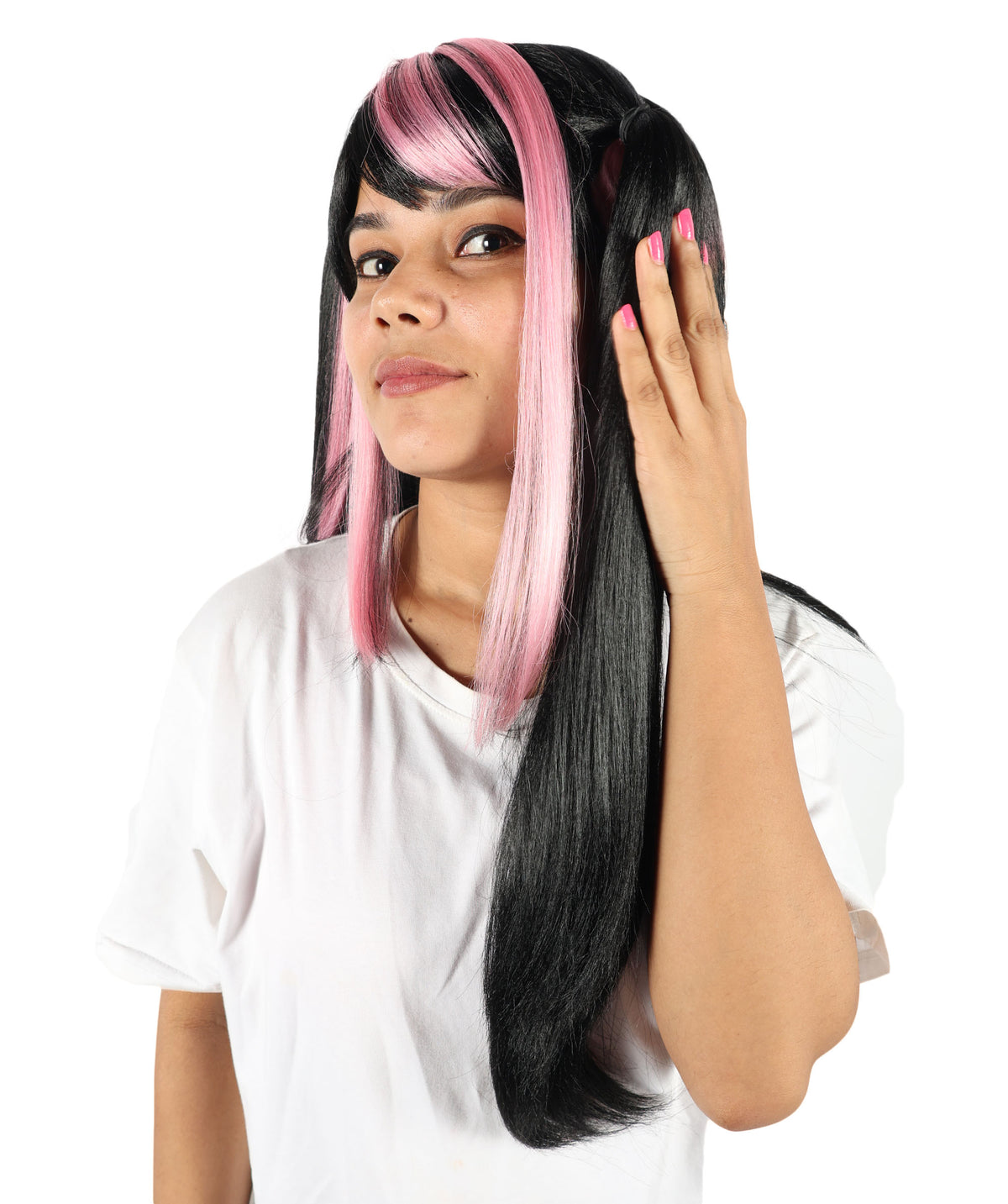 Wigs2you H-7223 女性用ロリータ風グラデーションウィッグ、ロング、ブラックとピンクのツインテールスタイル、前髪付き｜ハロウィンに最適｜通気性の良いキャップレスキャップ