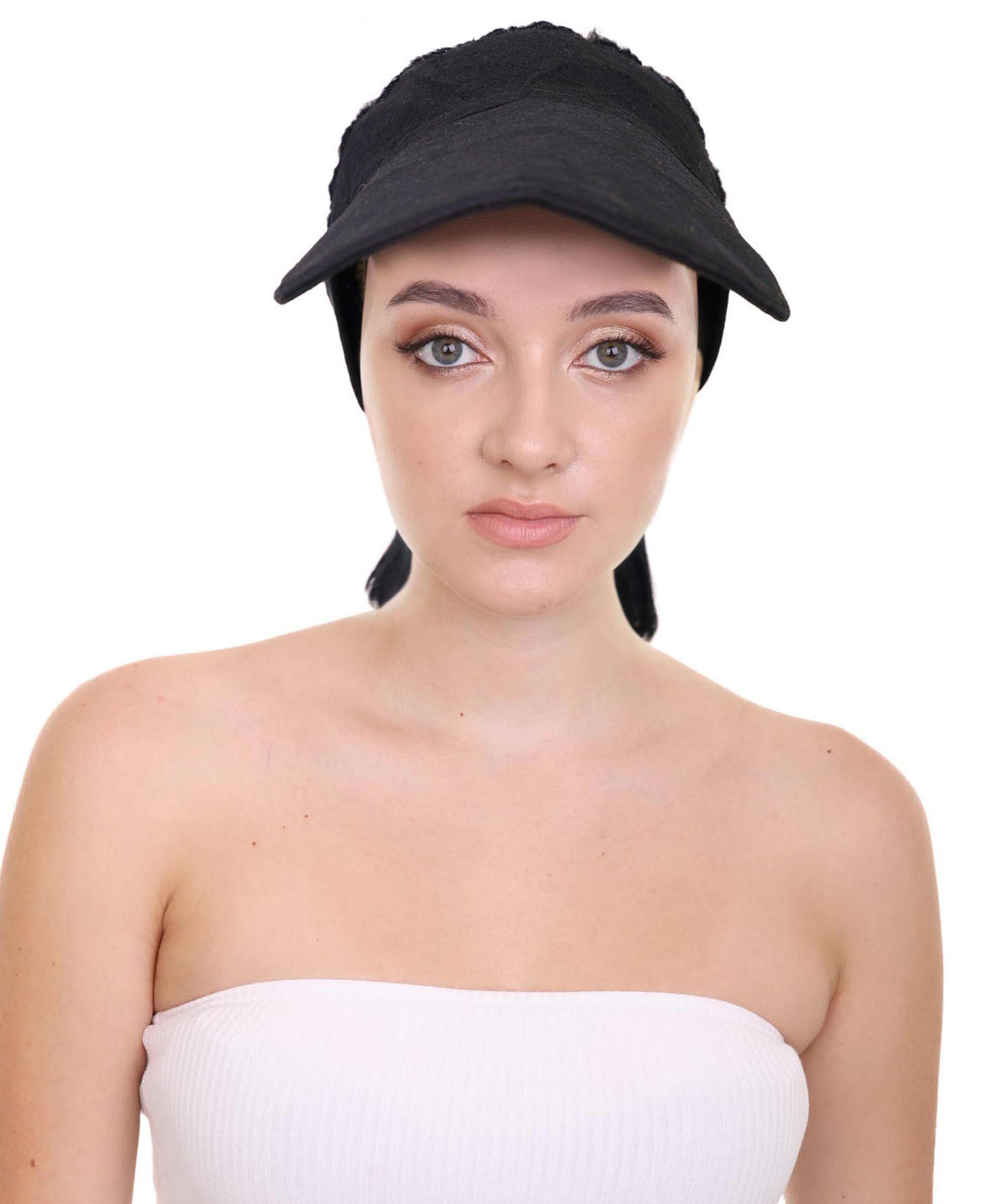 Wigs2you H-7225 レディース用帽子付きポニーテールウィッグ（16インチ・合成繊維・キンキーストレート）| ナチュラルブラックのふんわりヘア・サイズ調整ストラップ付き | ハロウィンに最適 | 通気性の良いキャップレス仕様
