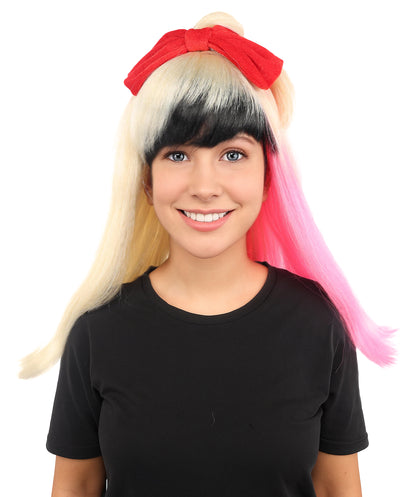 Wigs2you H-7229 女性用 ブラック＆ブロンド ミディアムストレートウィッグ（毛先ピンク） | 難燃性合成繊維 | ハロウィン・コスプレ用 軽量キャップレス仕様