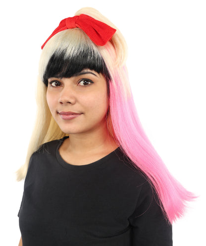 Wigs2you H-7229 女性用 ブラック＆ブロンド ミディアムストレートウィッグ（毛先ピンク） | 難燃性合成繊維 | ハロウィン・コスプレ用 軽量キャップレス仕様