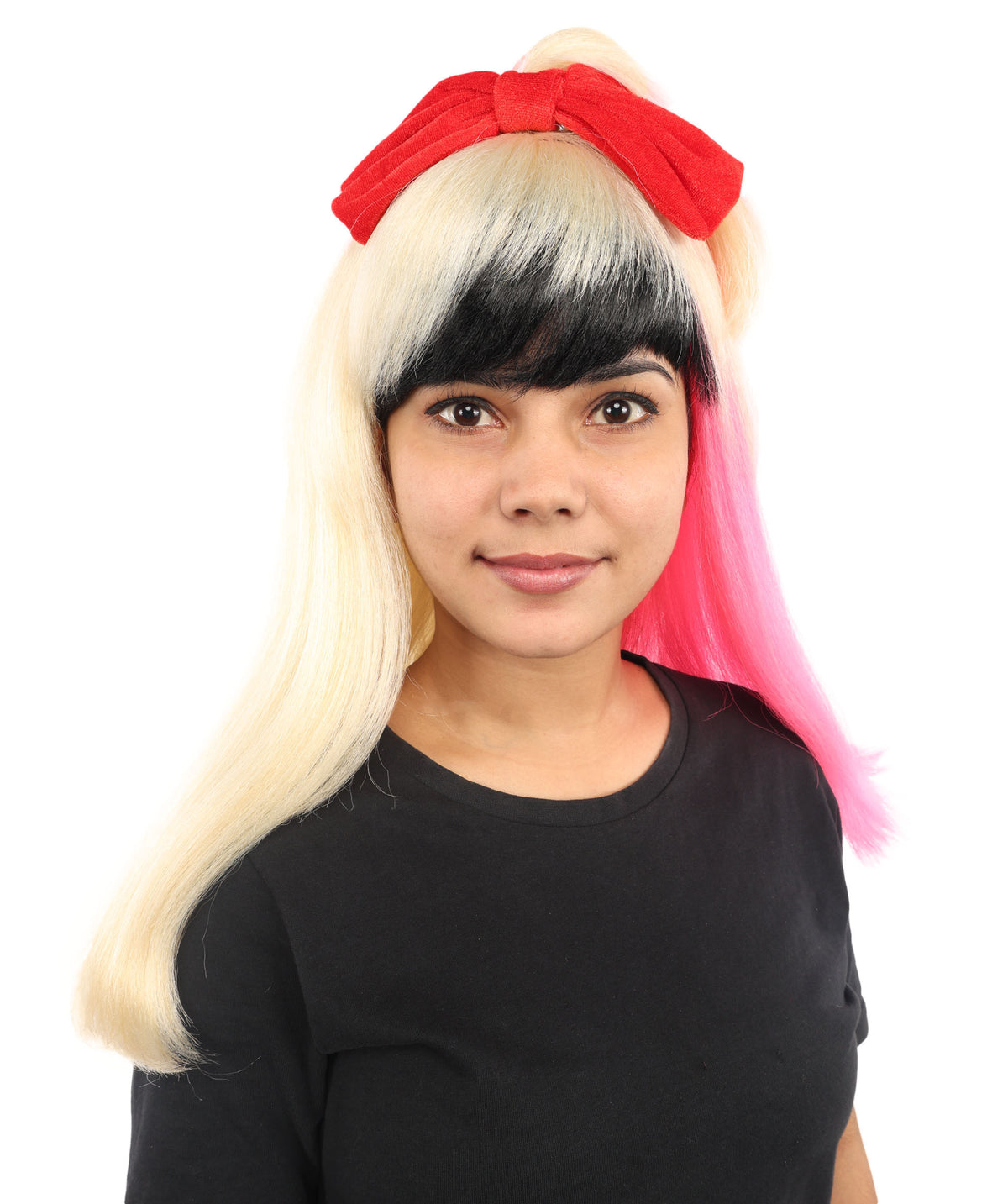 Wigs2you H-7229 女性用 ブラック＆ブロンド ミディアムストレートウィッグ（毛先ピンク） | 難燃性合成繊維 | ハロウィン・コスプレ用 軽量キャップレス仕様