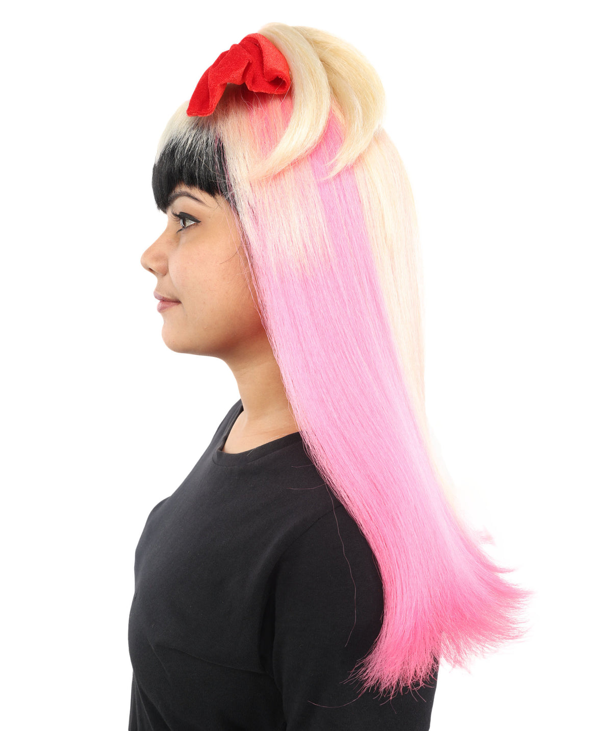Wigs2you H-7229 女性用 ブラック＆ブロンド ミディアムストレートウィッグ（毛先ピンク） | 難燃性合成繊維 | ハロウィン・コスプレ用 軽量キャップレス仕様