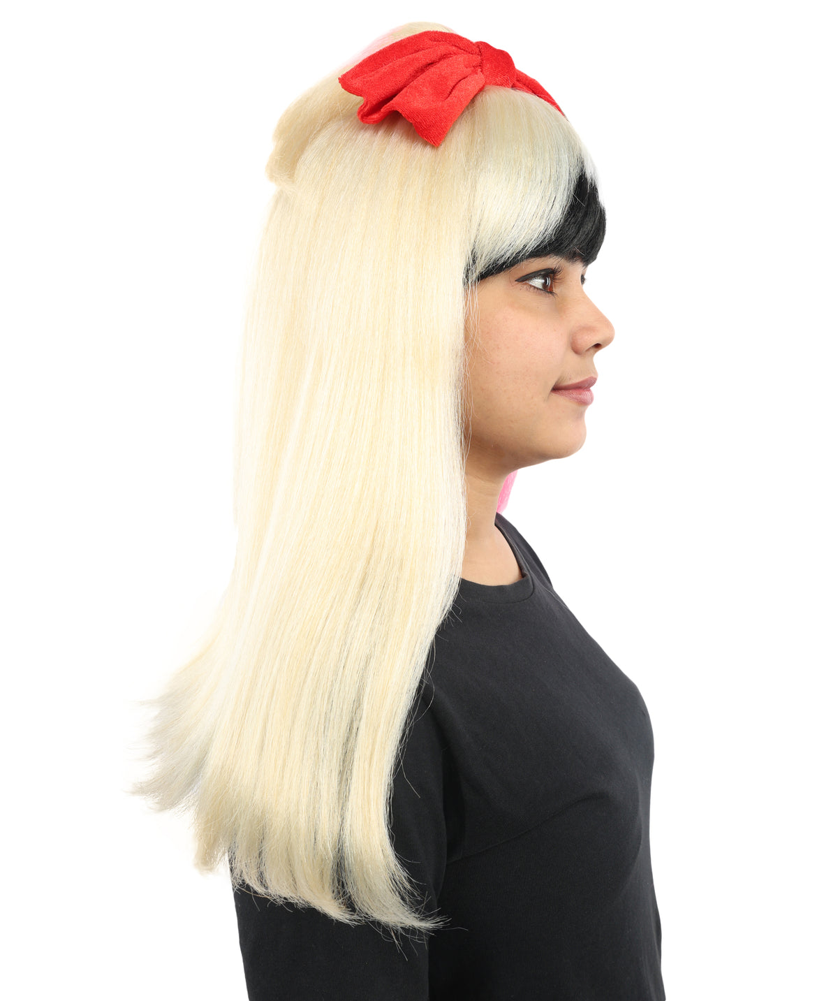 Wigs2you H-7229 女性用 ブラック＆ブロンド ミディアムストレートウィッグ（毛先ピンク） | 難燃性合成繊維 | ハロウィン・コスプレ用 軽量キャップレス仕様