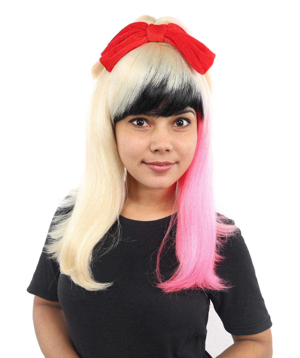 Wigs2you H-7229 女性用 ブラック＆ブロンド ミディアムストレートウィッグ（毛先ピンク） | 難燃性合成繊維 | ハロウィン・コスプレ用 軽量キャップレス仕様