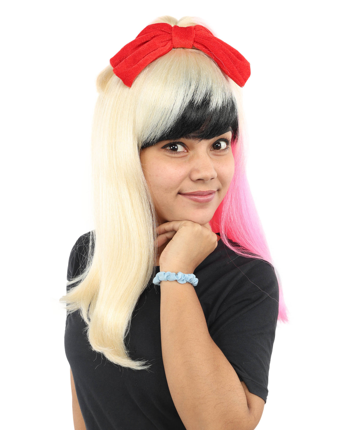 Wigs2you H-7229 女性用 ブラック＆ブロンド ミディアムストレートウィッグ（毛先ピンク） | 難燃性合成繊維 | ハロウィン・コスプレ用 軽量キャップレス仕様