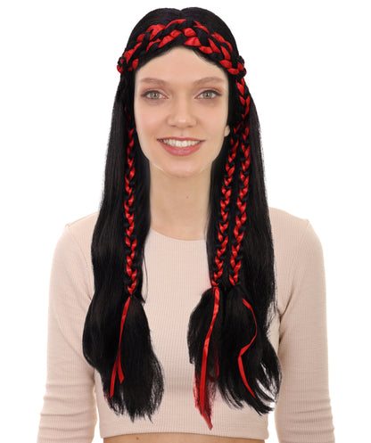 Wigs2you H-7232 女性用ロング・ブラック・ウェーブ・ウィッグ（赤い三つ編みアクセント付き）| ハロウィンに最適 | 通気性の良いキャップレス仕様
