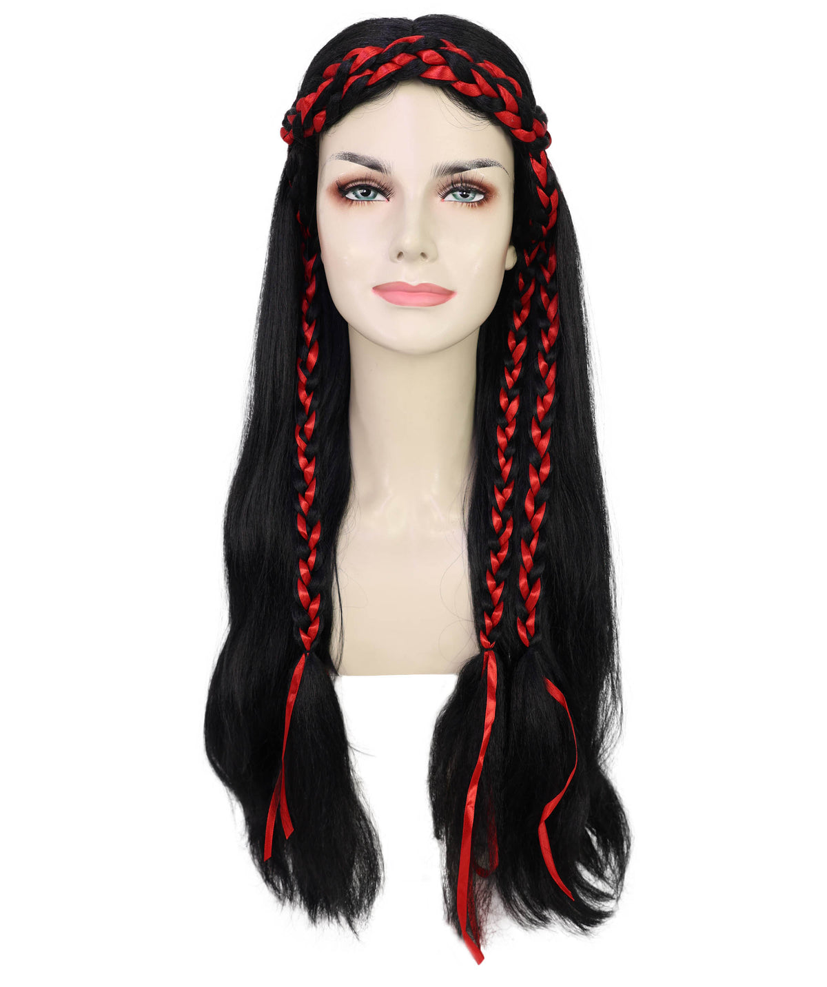 Wigs2you H-7232 女性用ロング・ブラック・ウェーブ・ウィッグ（赤い三つ編みアクセント付き）| ハロウィンに最適 | 通気性の良いキャップレス仕様