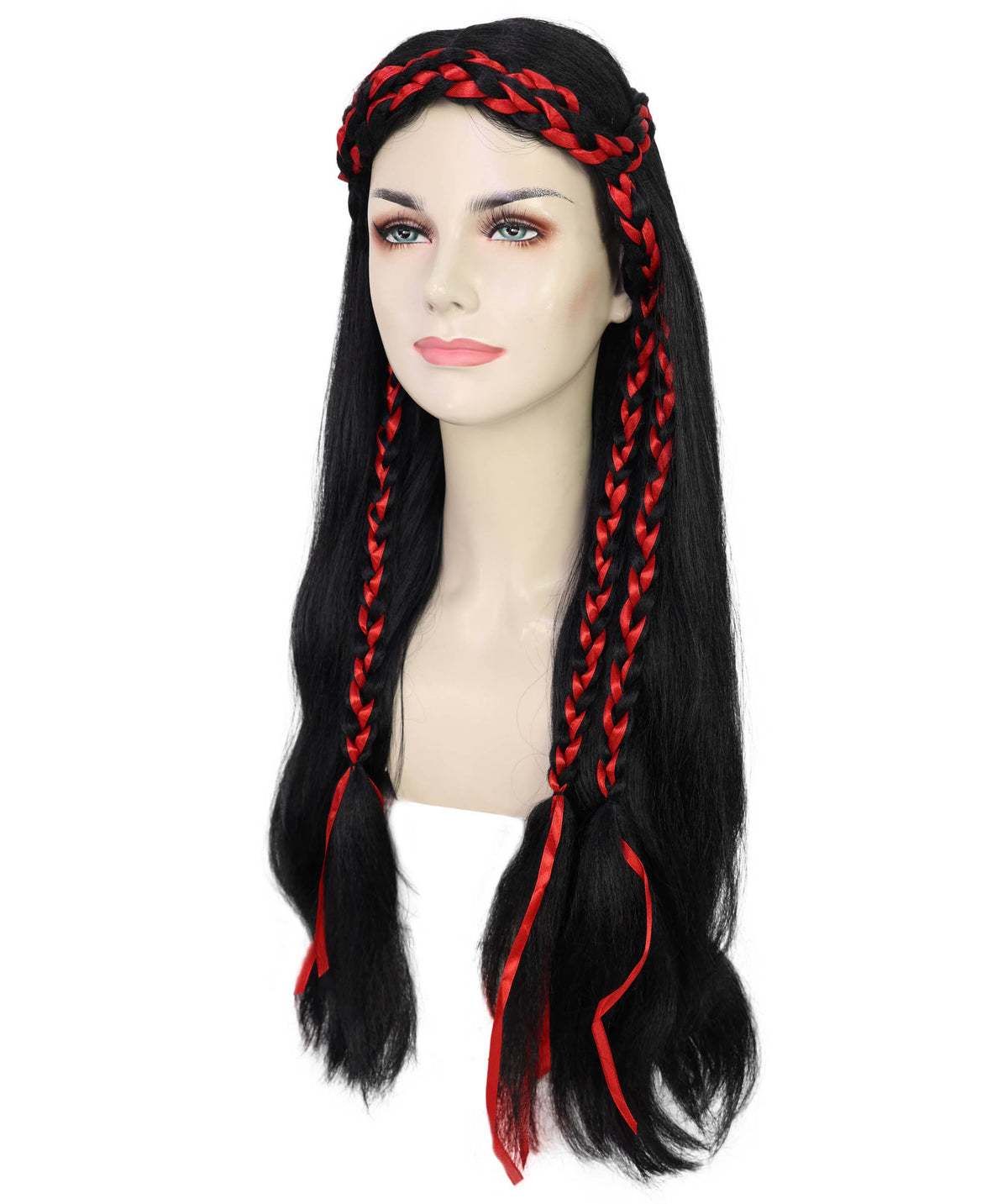 Wigs2you H-7232 女性用ロング・ブラック・ウェーブ・ウィッグ（赤い三つ編みアクセント付き）| ハロウィンに最適 | 通気性の良いキャップレス仕様