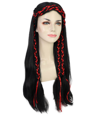 Wigs2you H-7232 女性用ロング・ブラック・ウェーブ・ウィッグ（赤い三つ編みアクセント付き）| ハロウィンに最適 | 通気性の良いキャップレス仕様