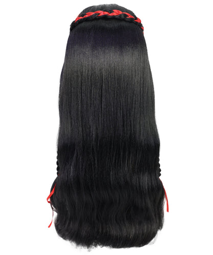 Wigs2you H-7232 女性用ロング・ブラック・ウェーブ・ウィッグ（赤い三つ編みアクセント付き）| ハロウィンに最適 | 通気性の良いキャップレス仕様