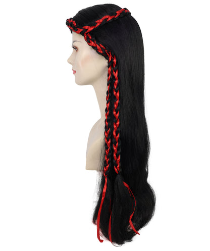 Wigs2you H-7232 女性用ロング・ブラック・ウェーブ・ウィッグ（赤い三つ編みアクセント付き）| ハロウィンに最適 | 通気性の良いキャップレス仕様
