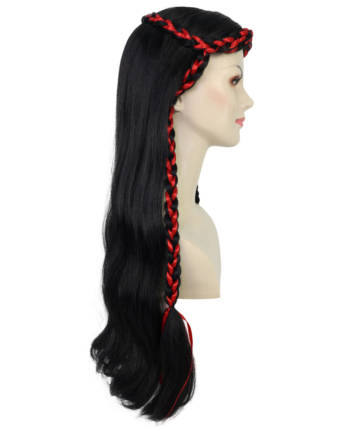 Wigs2you H-7232 女性用ロング・ブラック・ウェーブ・ウィッグ（赤い三つ編みアクセント付き）| ハロウィンに最適 | 通気性の良いキャップレス仕様