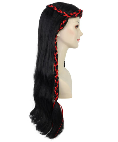 Wigs2you H-7232 女性用ロング・ブラック・ウェーブ・ウィッグ（赤い三つ編みアクセント付き）| ハロウィンに最適 | 通気性の良いキャップレス仕様