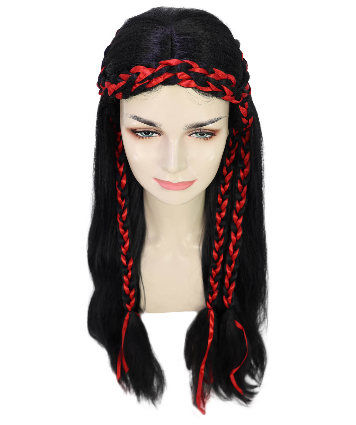 Wigs2you H-7232 女性用ロング・ブラック・ウェーブ・ウィッグ（赤い三つ編みアクセント付き）| ハロウィンに最適 | 通気性の良いキャップレス仕様