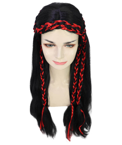 Wigs2you H-7232 女性用ロング・ブラック・ウェーブ・ウィッグ（赤い三つ編みアクセント付き）| ハロウィンに最適 | 通気性の良いキャップレス仕様