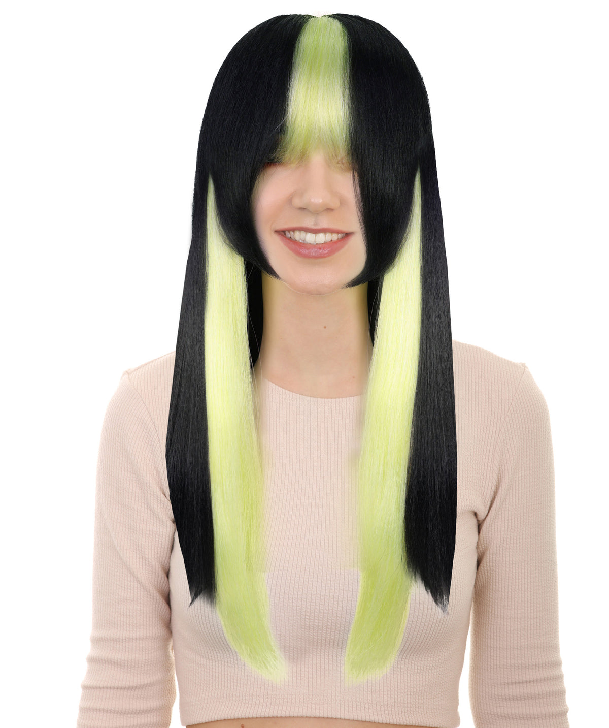 Wigs2you H-7233 女性用ストレートロング・アニメ風ウィッグ（ブラック＆グリーン・ツインテール）｜ハロウィンに最適｜通気性の良いキャップレス仕様