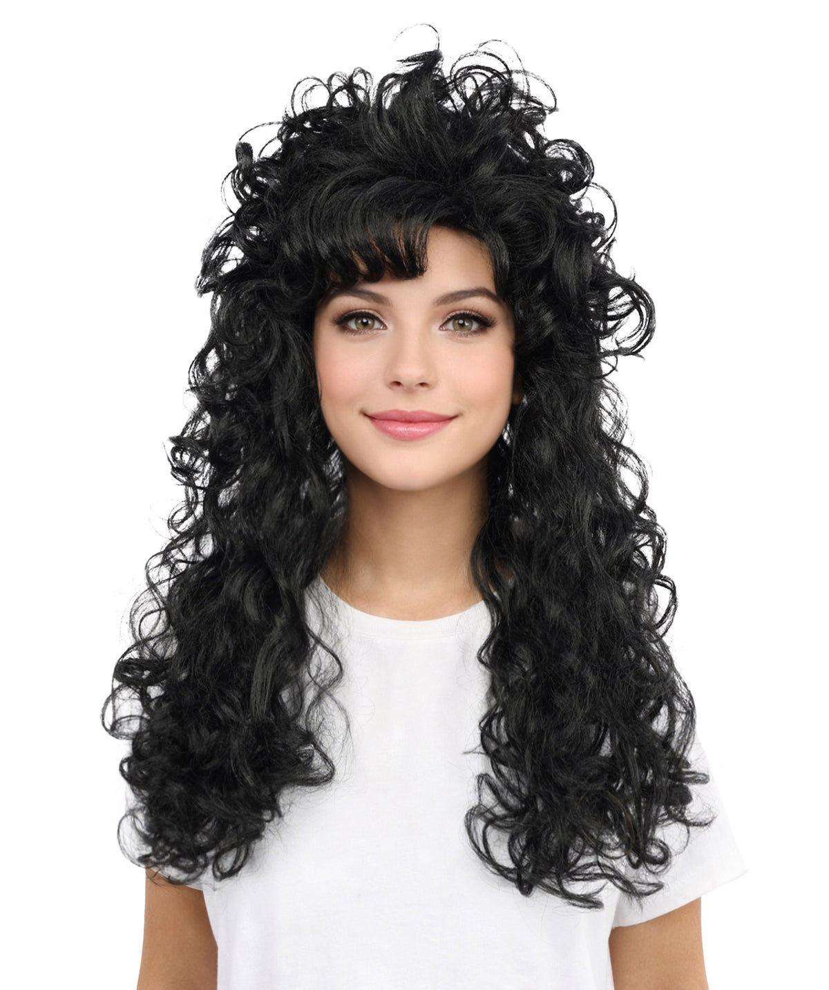 Wigs2you H-7254 大人用女性向けロング・カーリー・ブラック・ウィッグ（セクシーなスタイル） | ハロウィン、グラムロック、ディスコ、コスプレに最適な、ボリューム感のある80年代風ヘアピース | 通気性に優れたキャップレス仕様
