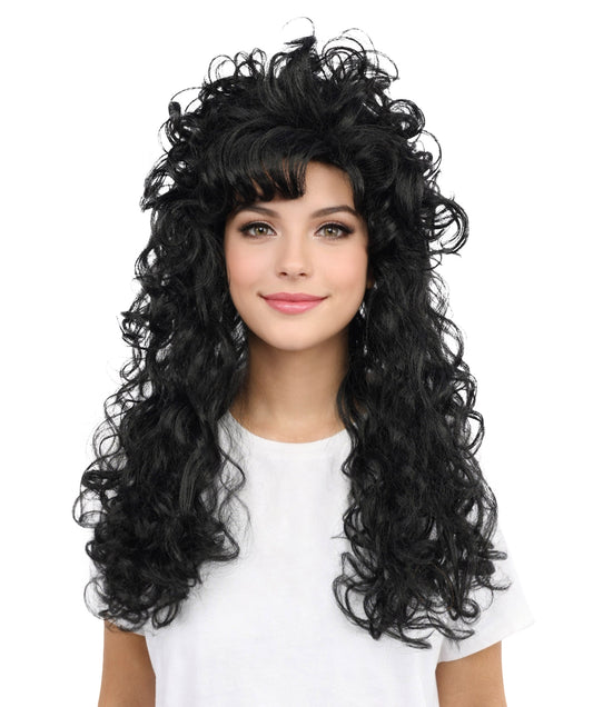 Wigs2you H-7254 大人用女性向けロング・カーリー・ブラック・ウィッグ（セクシーなスタイル） | ハロウィン、グラムロック、ディスコ、コスプレに最適な、ボリューム感のある80年代風ヘアピース | 通気性に優れたキャップレス仕様