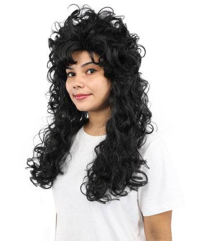 Wigs2you H-7254 大人用女性向けロング・カーリー・ブラック・ウィッグ（セクシーなスタイル） | ハロウィン、グラムロック、ディスコ、コスプレに最適な、ボリューム感のある80年代風ヘアピース | 通気性に優れたキャップレス仕様