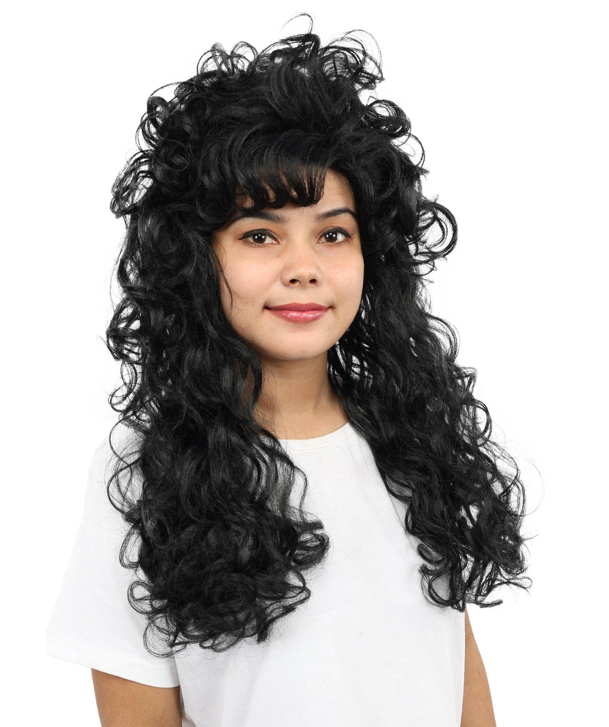 Wigs2you H-7254 大人用女性向けロング・カーリー・ブラック・ウィッグ（セクシーなスタイル） | ハロウィン、グラムロック、ディスコ、コスプレに最適な、ボリューム感のある80年代風ヘアピース | 通気性に優れたキャップレス仕様