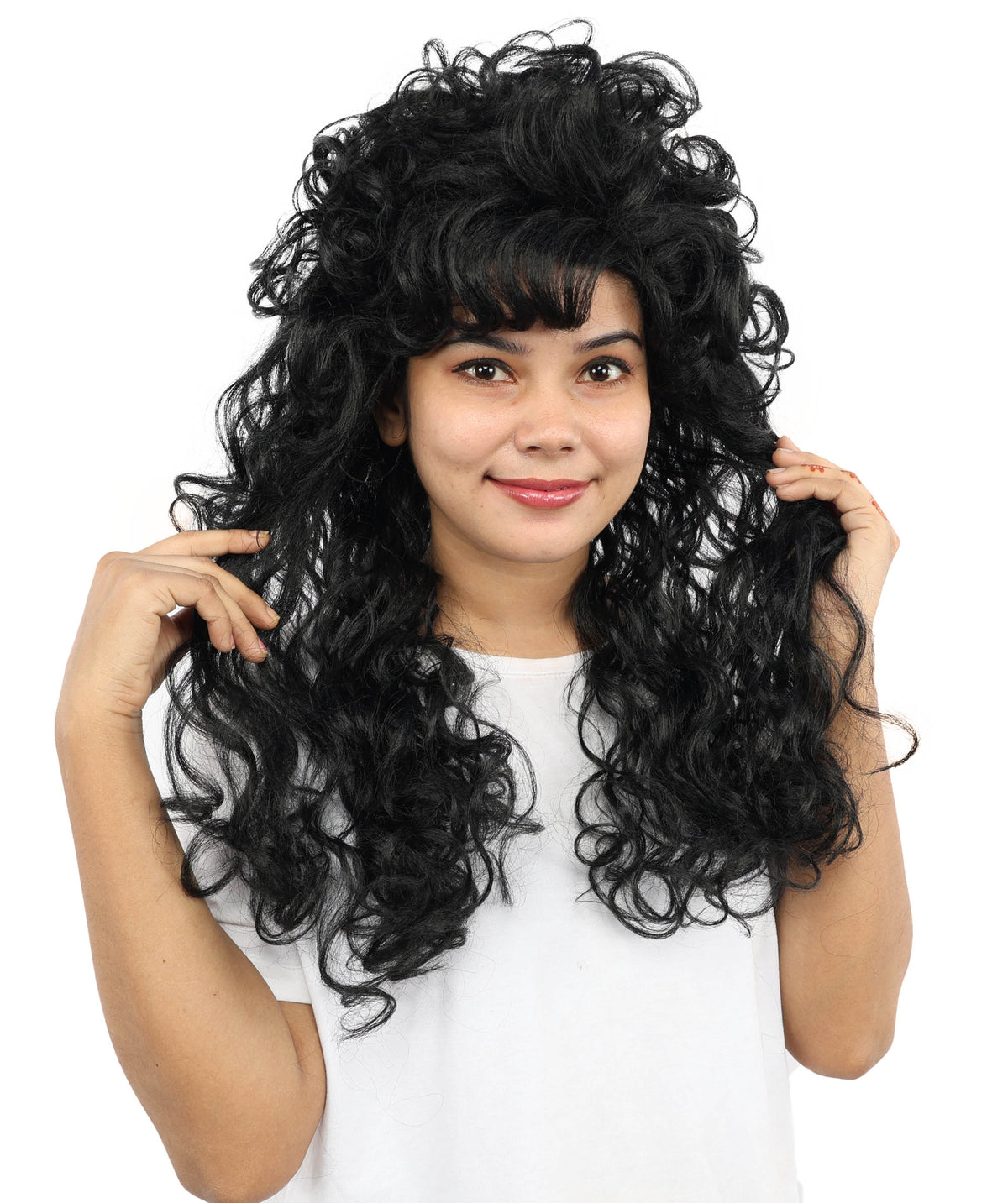 Wigs2you H-7254 大人用女性向けロング・カーリー・ブラック・ウィッグ（セクシーなスタイル） | ハロウィン、グラムロック、ディスコ、コスプレに最適な、ボリューム感のある80年代風ヘアピース | 通気性に優れたキャップレス仕様