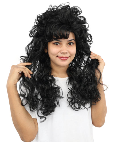 Wigs2you H-7254 大人用女性向けロング・カーリー・ブラック・ウィッグ（セクシーなスタイル） | ハロウィン、グラムロック、ディスコ、コスプレに最適な、ボリューム感のある80年代風ヘアピース | 通気性に優れたキャップレス仕様