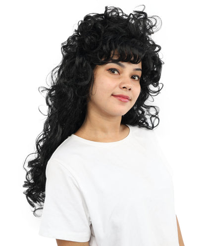 Wigs2you H-7254 大人用女性向けロング・カーリー・ブラック・ウィッグ（セクシーなスタイル） | ハロウィン、グラムロック、ディスコ、コスプレに最適な、ボリューム感のある80年代風ヘアピース | 通気性に優れたキャップレス仕様
