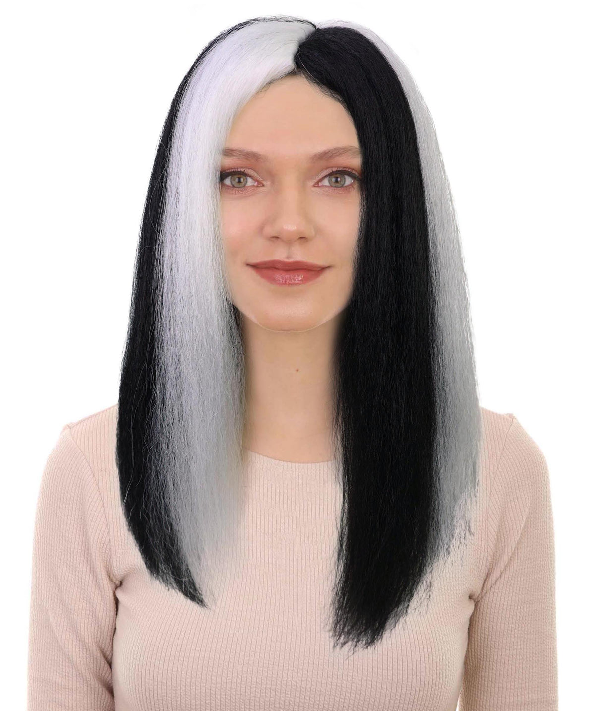 Wigs2you H-7255 大人女性用、不気味な雰囲気のロングブラック＆ホワイトウィッグ｜ドラマチックなハロウィンヘアスタイル｜通気性の良いキャップレスキャップ
