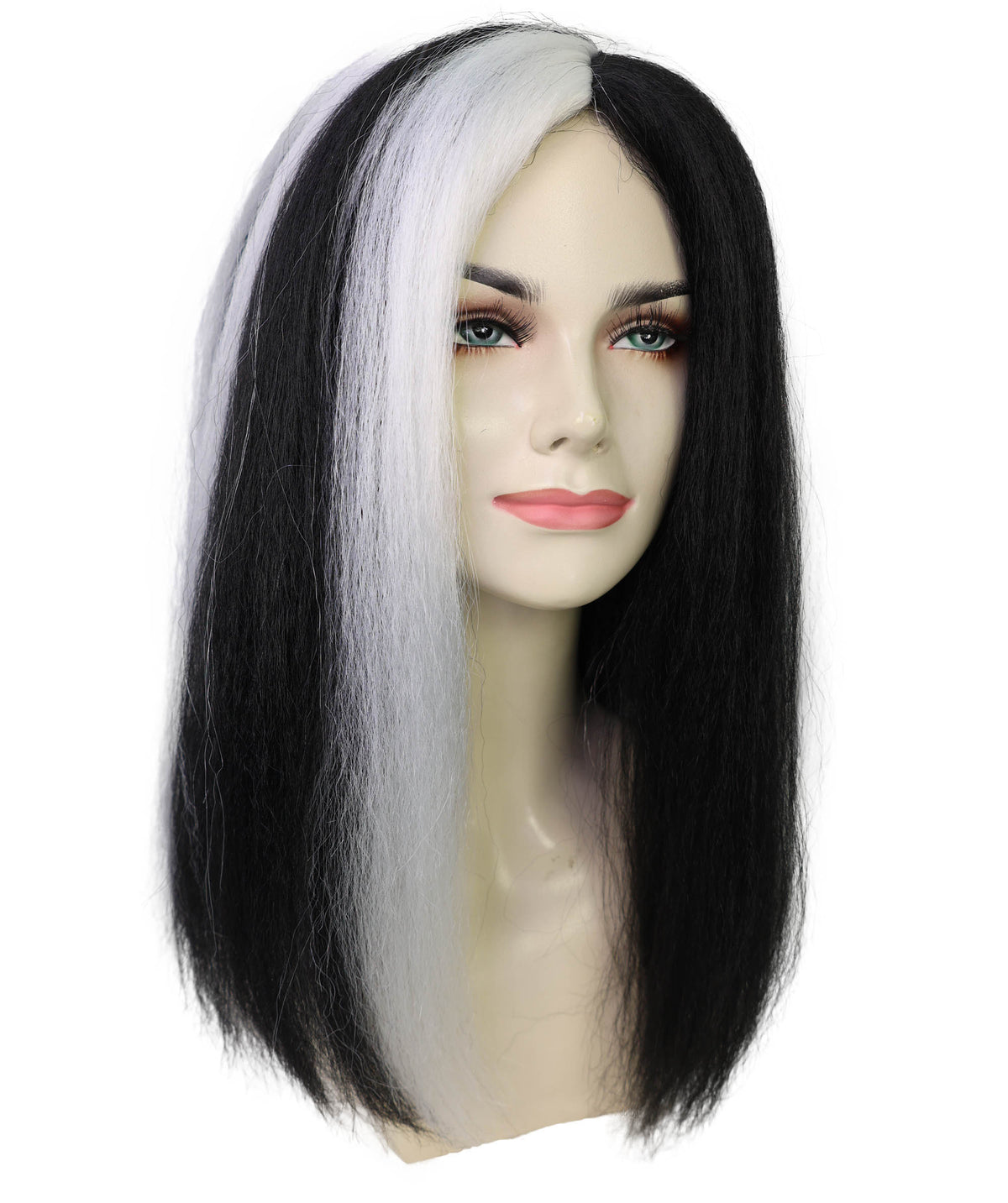 Wigs2you H-7255 大人女性用、不気味な雰囲気のロングブラック＆ホワイトウィッグ｜ドラマチックなハロウィンヘアスタイル｜通気性の良いキャップレスキャップ