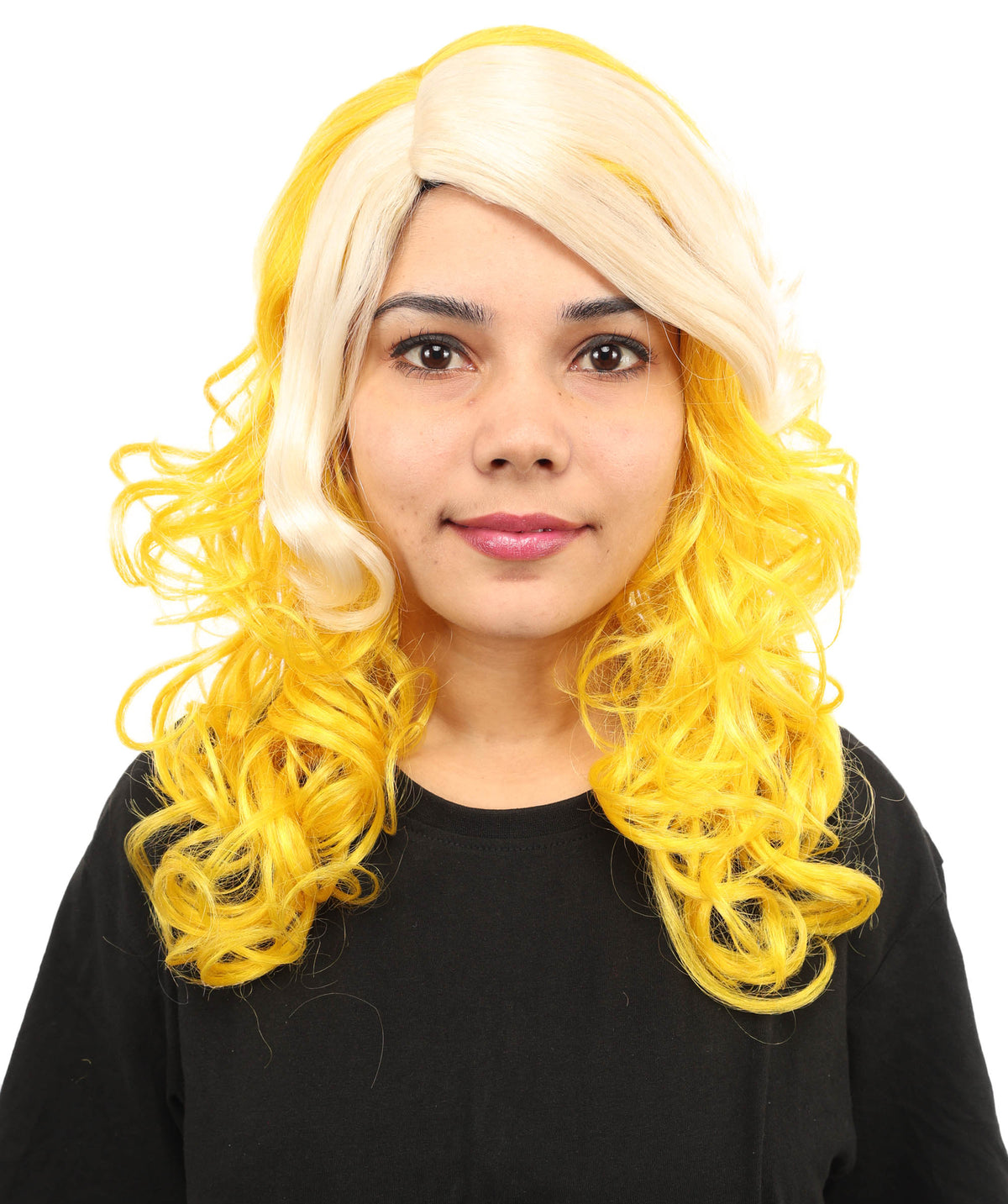 Wigs2you H-7262レディース用ツートンカラー（ブロンド＆イエロー）カーリーウィッグ | スター・ポップ・スタイルを取り入れたミディアム・レイヤーの人工毛ウィッグ | コスチューム、ハロウィン、ステージパフォーマンス、各種テーマパーティーに最適