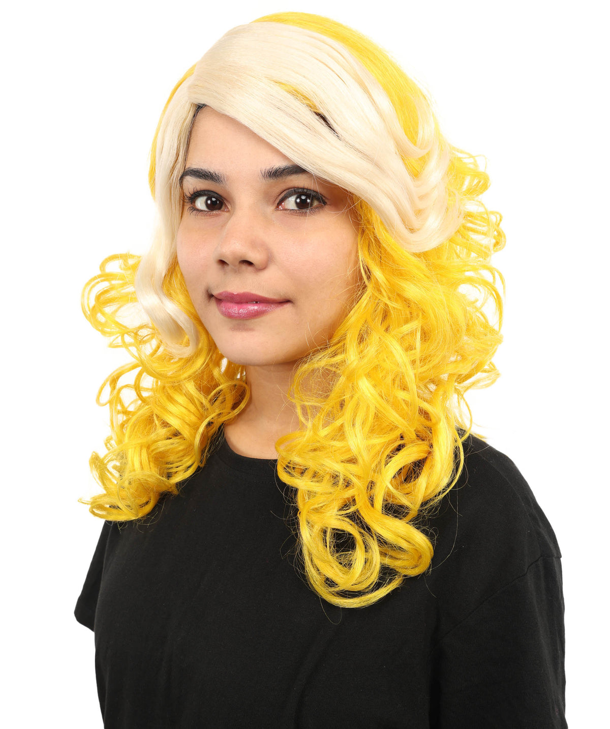 Wigs2you H-7262レディース用ツートンカラー（ブロンド＆イエロー）カーリーウィッグ | スター・ポップ・スタイルを取り入れたミディアム・レイヤーの人工毛ウィッグ | コスチューム、ハロウィン、ステージパフォーマンス、各種テーマパーティーに最適