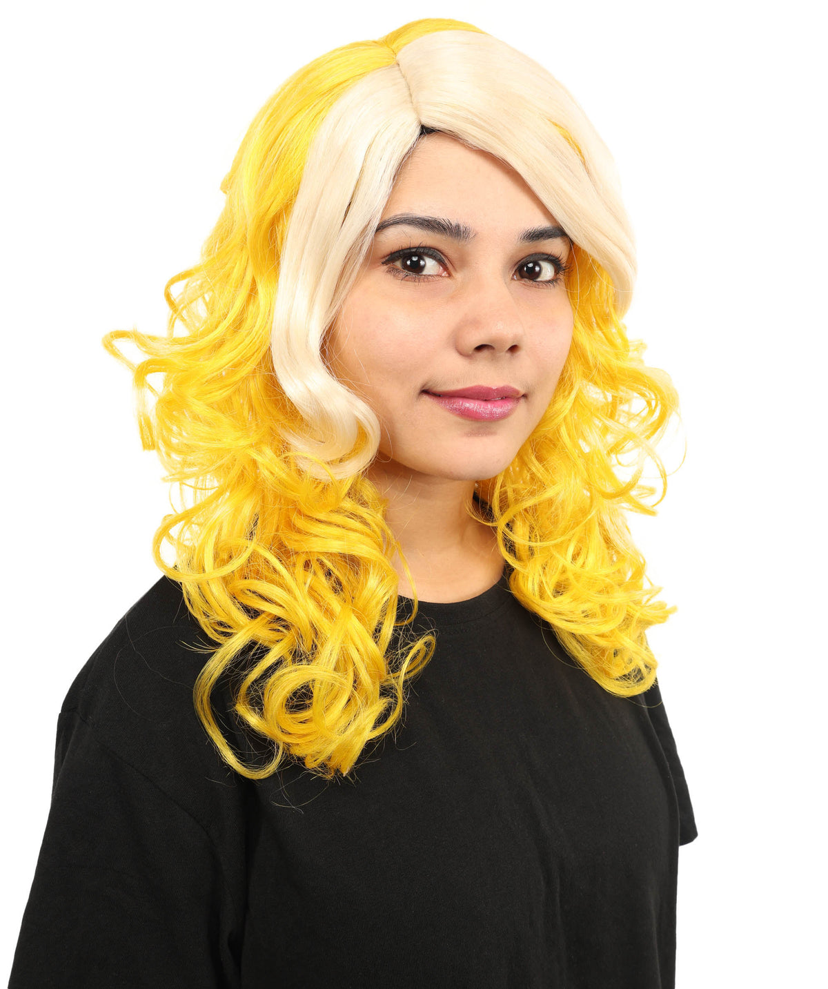 Wigs2you H-7262レディース用ツートンカラー（ブロンド＆イエロー）カーリーウィッグ | スター・ポップ・スタイルを取り入れたミディアム・レイヤーの人工毛ウィッグ | コスチューム、ハロウィン、ステージパフォーマンス、各種テーマパーティーに最適