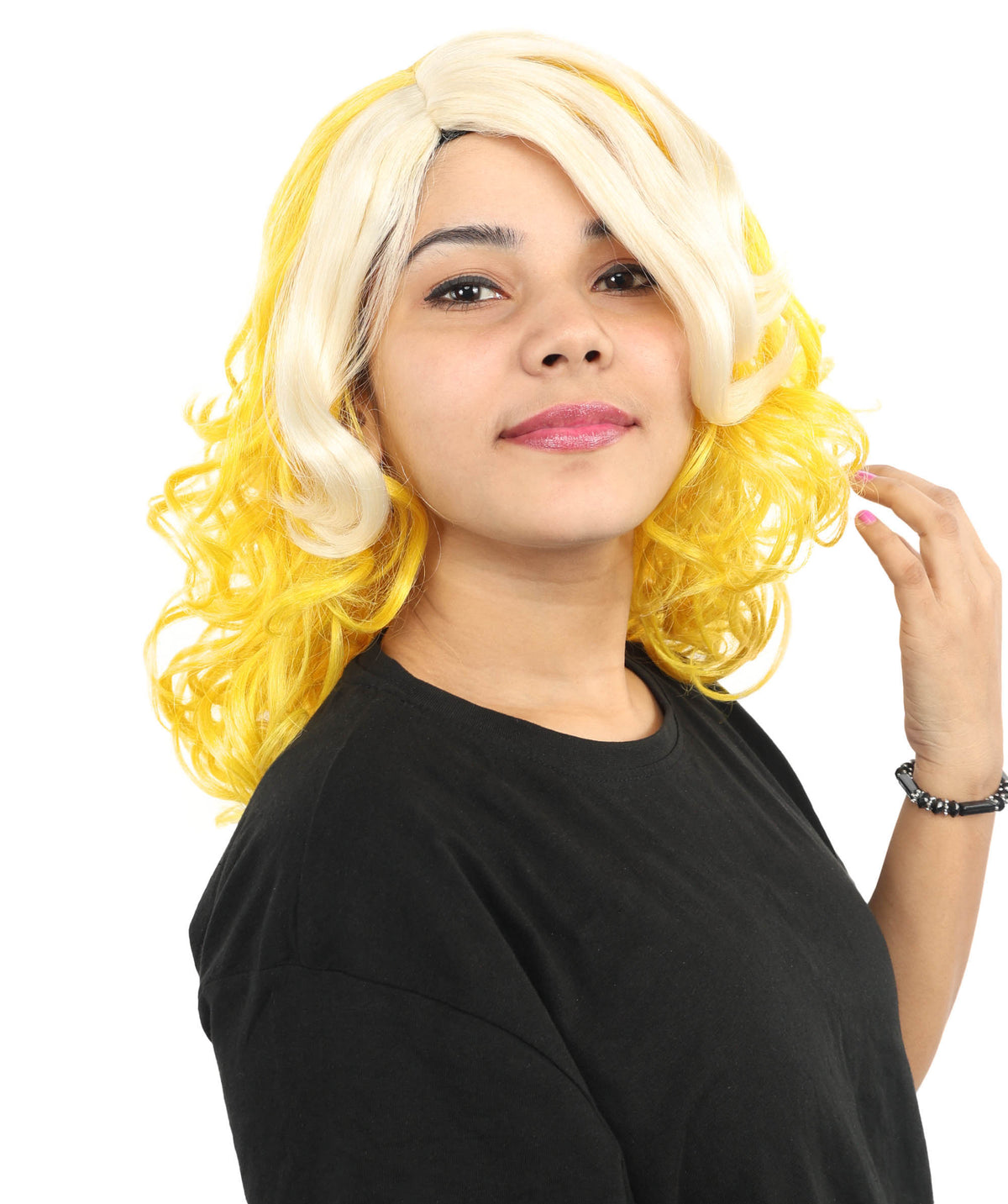 Wigs2you H-7262レディース用ツートンカラー（ブロンド＆イエロー）カーリーウィッグ | スター・ポップ・スタイルを取り入れたミディアム・レイヤーの人工毛ウィッグ | コスチューム、ハロウィン、ステージパフォーマンス、各種テーマパーティーに最適