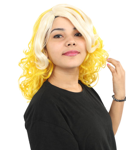 Wigs2you H-7262レディース用ツートンカラー（ブロンド＆イエロー）カーリーウィッグ | スター・ポップ・スタイルを取り入れたミディアム・レイヤーの人工毛ウィッグ | コスチューム、ハロウィン、ステージパフォーマンス、各種テーマパーティーに最適