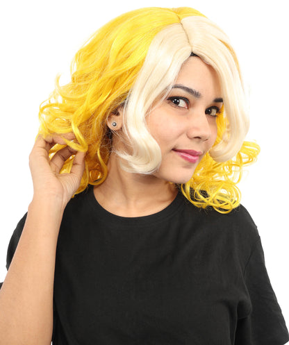 Wigs2you H-7262レディース用ツートンカラー（ブロンド＆イエロー）カーリーウィッグ | スター・ポップ・スタイルを取り入れたミディアム・レイヤーの人工毛ウィッグ | コスチューム、ハロウィン、ステージパフォーマンス、各種テーマパーティーに最適