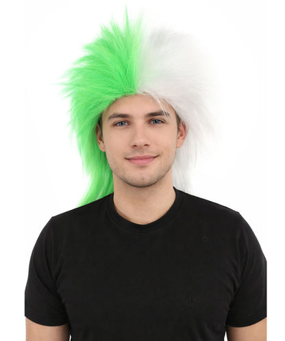 Wigs2you H-7397 大人用メンズグリーン＆ホワイトスポーツウィッグ｜スプリットカラースパイクマレットスタイル難燃性合成繊維｜ハロウィンテーマパーティーセントパトリックデーファンギア