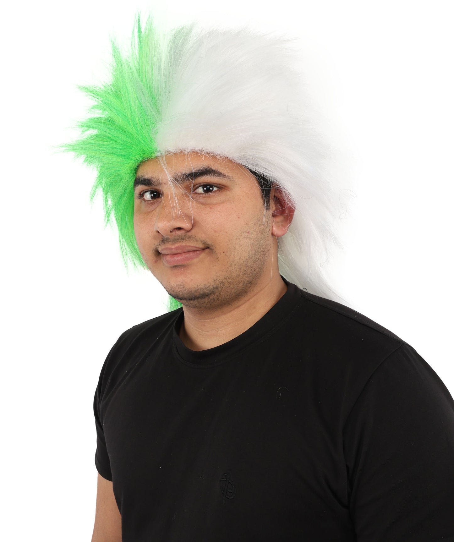 Wigs2you H-7397 大人用メンズグリーン＆ホワイトスポーツウィッグ｜スプリットカラースパイクマレットスタイル難燃性合成繊維｜ハロウィンテーマパーティーセントパトリックデーファンギア