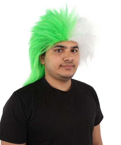 Wigs2you H-7397 大人用メンズグリーン＆ホワイトスポーツウィッグ｜スプリットカラースパイクマレットスタイル難燃性合成繊維｜ハロウィンテーマパーティーセントパトリックデーファンギア