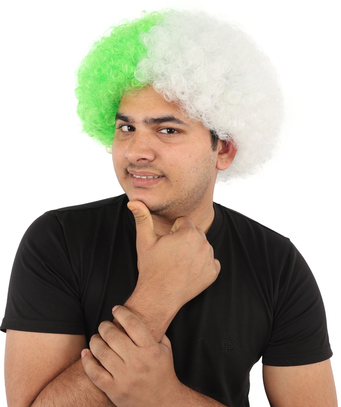 Wigs2you H-7398 大人用男性用ツートンカラーアフロウィッグ｜弾むような緑と白のカール、難燃性合成繊維｜ハロウィンテーマのパーティー、サーカス、カーニバルファンアクセサリー