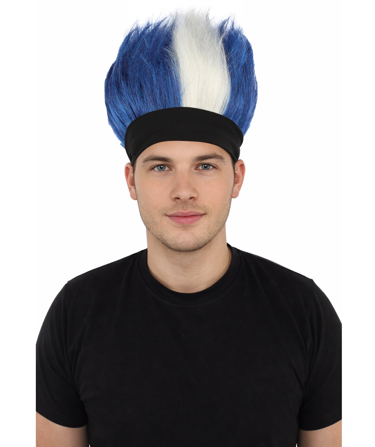 Wigs2you H-7400 大人用メンズネイビーブルー＆ホワイトモヒカンウィッグ｜スパイク状の直立型難燃性合成繊維ヘッドバンドデザイン｜ハロウィンテーマのパーティーフットボールファンギア