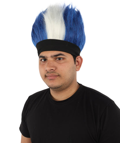 Wigs2you H-7400 大人用メンズネイビーブルー＆ホワイトモヒカンウィッグ｜スパイク状の直立型難燃性合成繊維ヘッドバンドデザイン｜ハロウィンテーマのパーティーフットボールファンギア