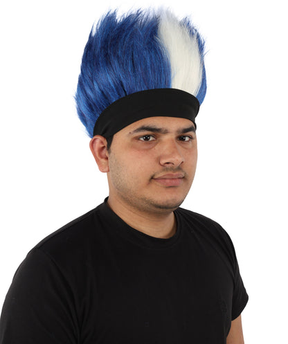 Wigs2you H-7400 大人用メンズネイビーブルー＆ホワイトモヒカンウィッグ｜スパイク状の直立型難燃性合成繊維ヘッドバンドデザイン｜ハロウィンテーマのパーティーフットボールファンギア