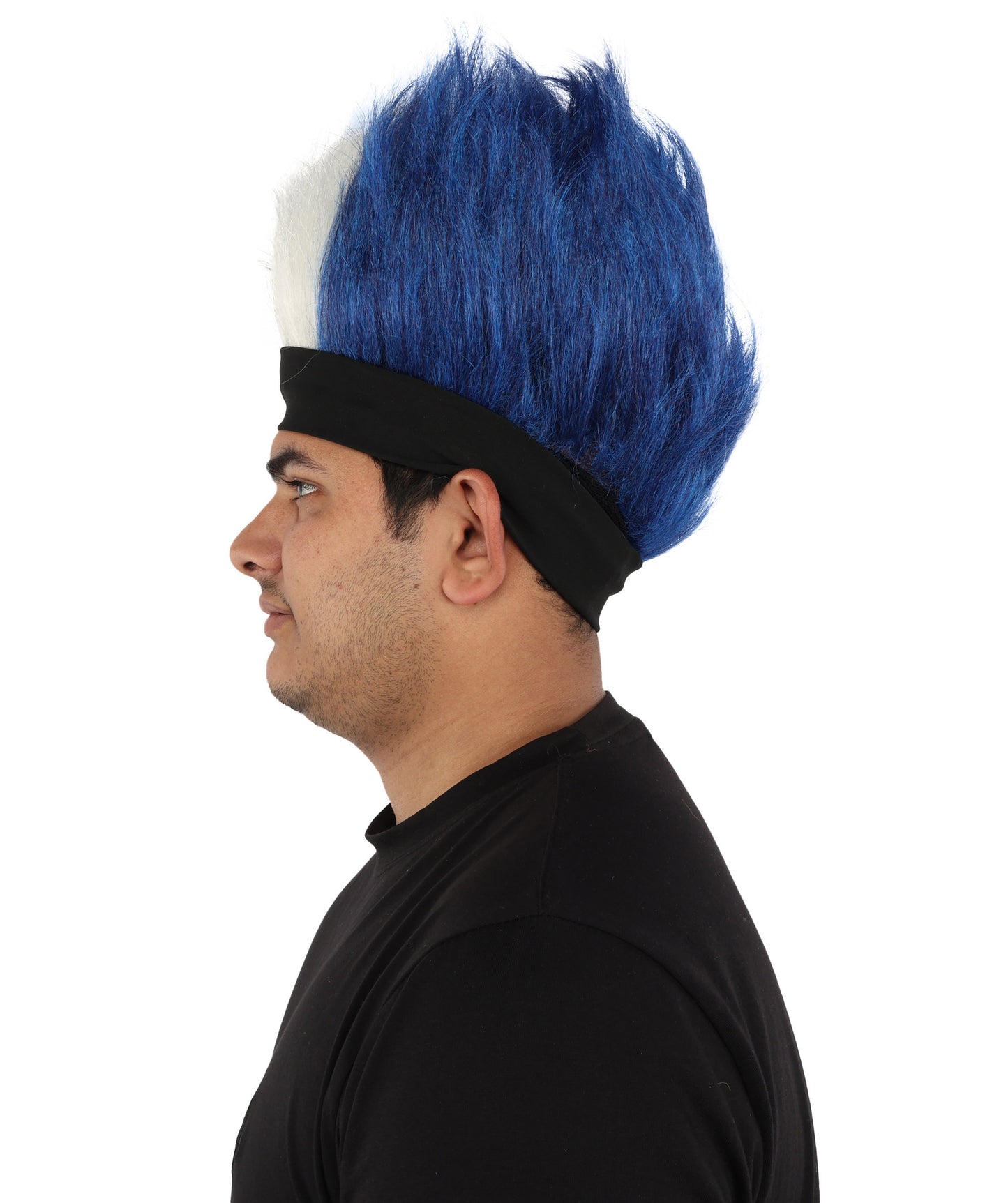 Wigs2you H-7400 大人用メンズネイビーブルー＆ホワイトモヒカンウィッグ｜スパイク状の直立型難燃性合成繊維ヘッドバンドデザイン｜ハロウィンテーマのパーティーフットボールファンギア